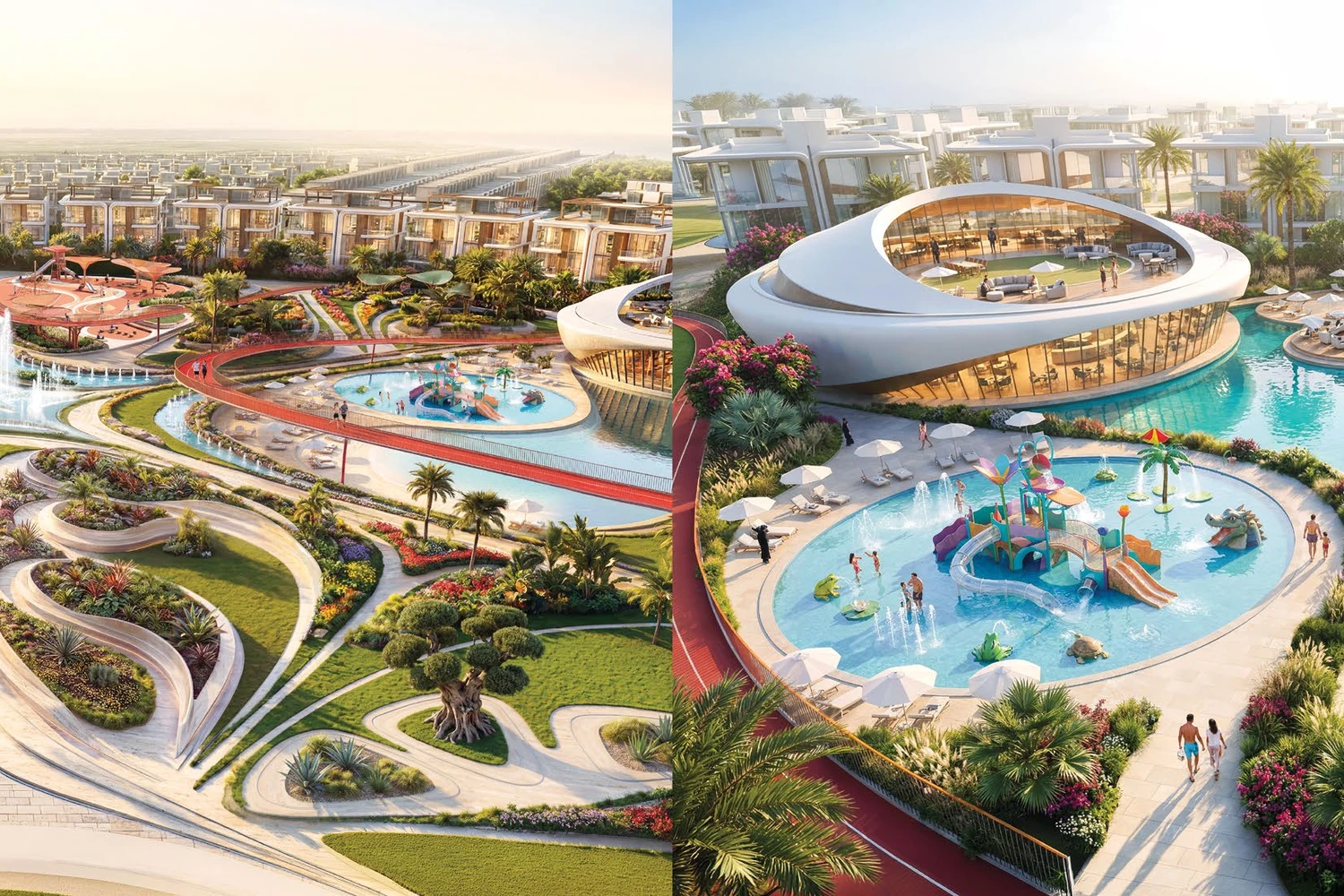 Aerial view of Greenz by Danube villas with pool and rooftop clubhouse restaurant