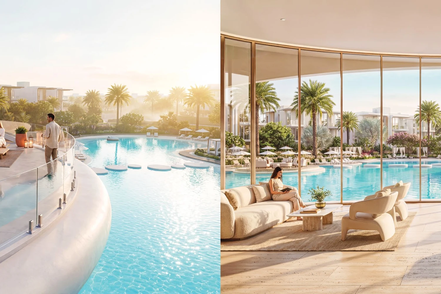 Greenz by Danube lap pool boardwalk at sunset and indoor lounge overlooking the pool