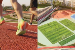 Runners on the Greenz by Danube jogging track and aerial view of sports courts