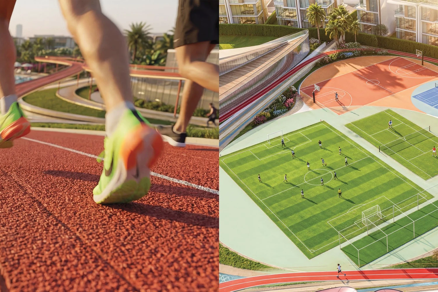 Runners on the Greenz by Danube jogging track and aerial view of sports courts