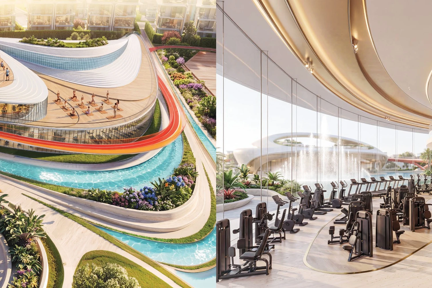 Greenz by Danube rooftop yoga deck over the lazy river and indoor gym with fountain view