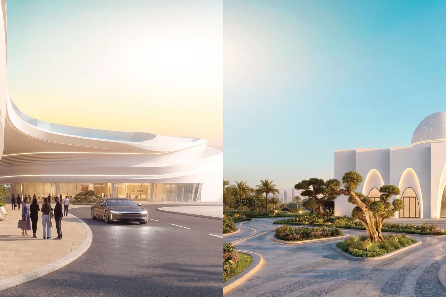 Greenz by Danube clubhouse valet drop-off and community masjid with Dubai skyline