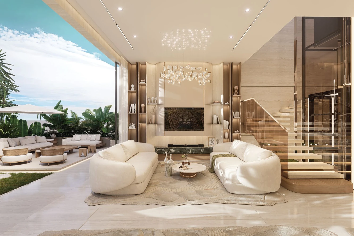 Greenz by Danube villa living room interior with staircase and private lift
