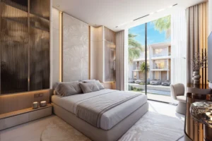 Greenz by Danube bedroom with street-facing balcony view of the villa row