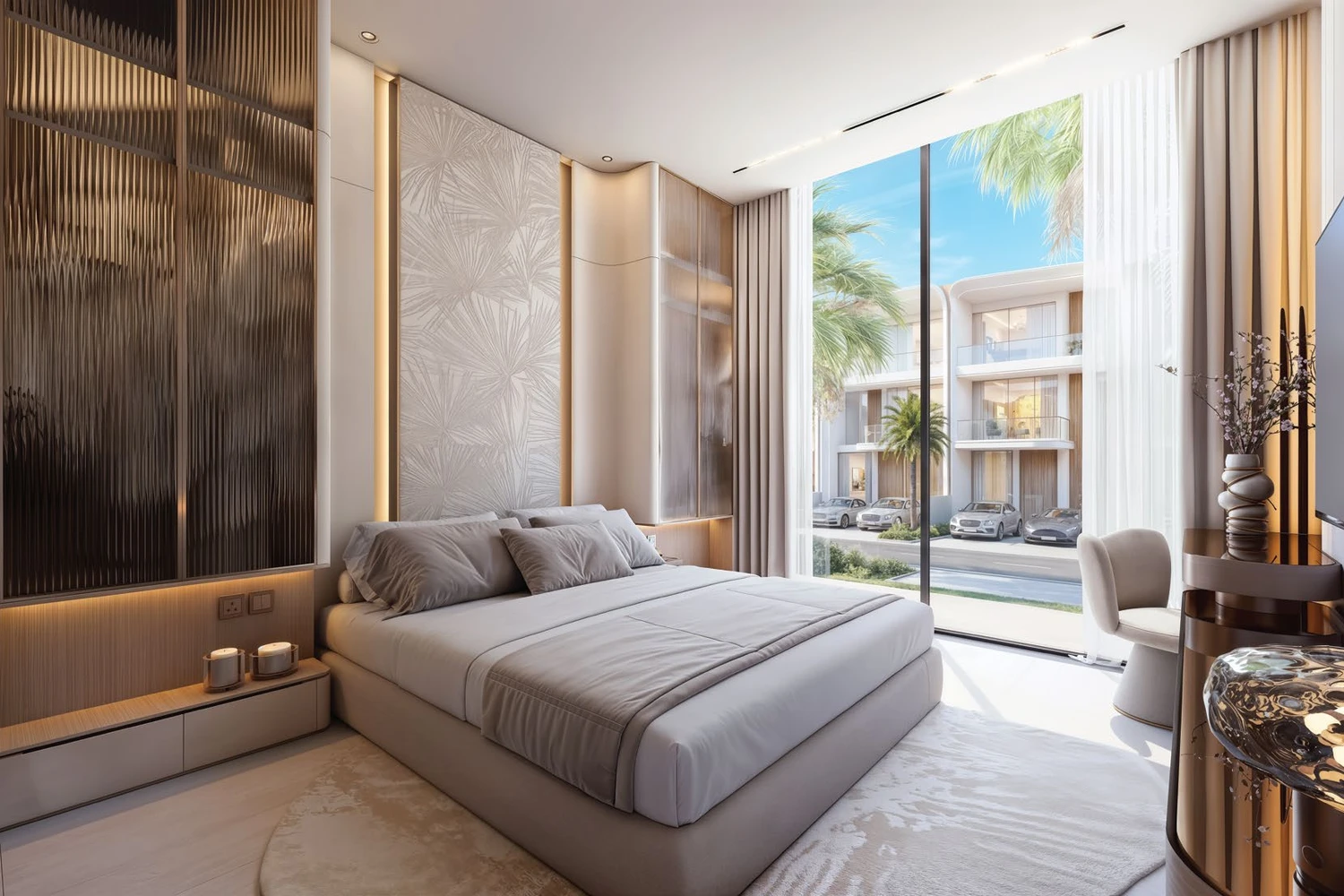 Greenz by Danube bedroom with street-facing balcony view of the villa row