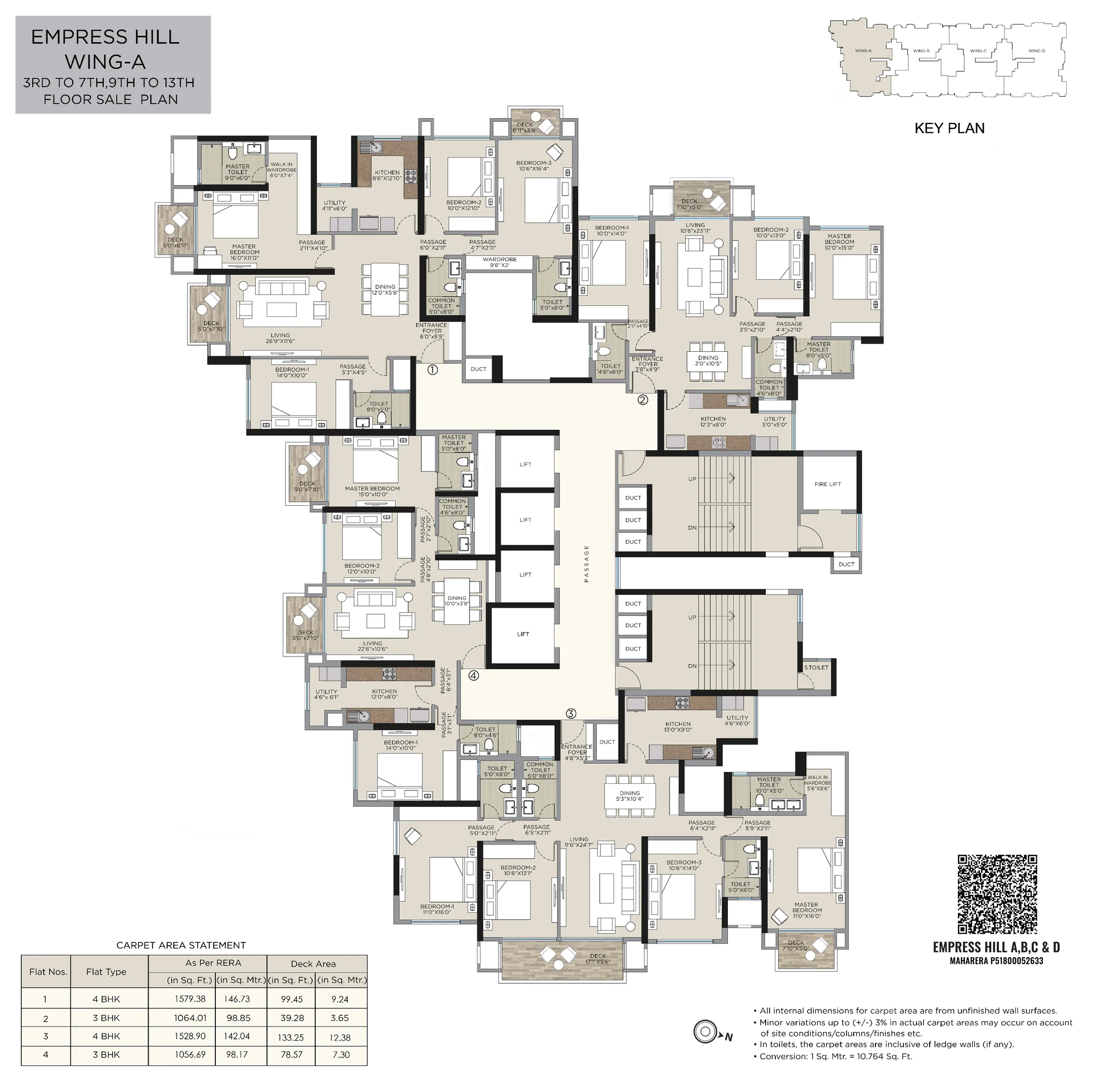Wing A – 3 & 4 BHK (3rd–7th, 9th–13th floors)