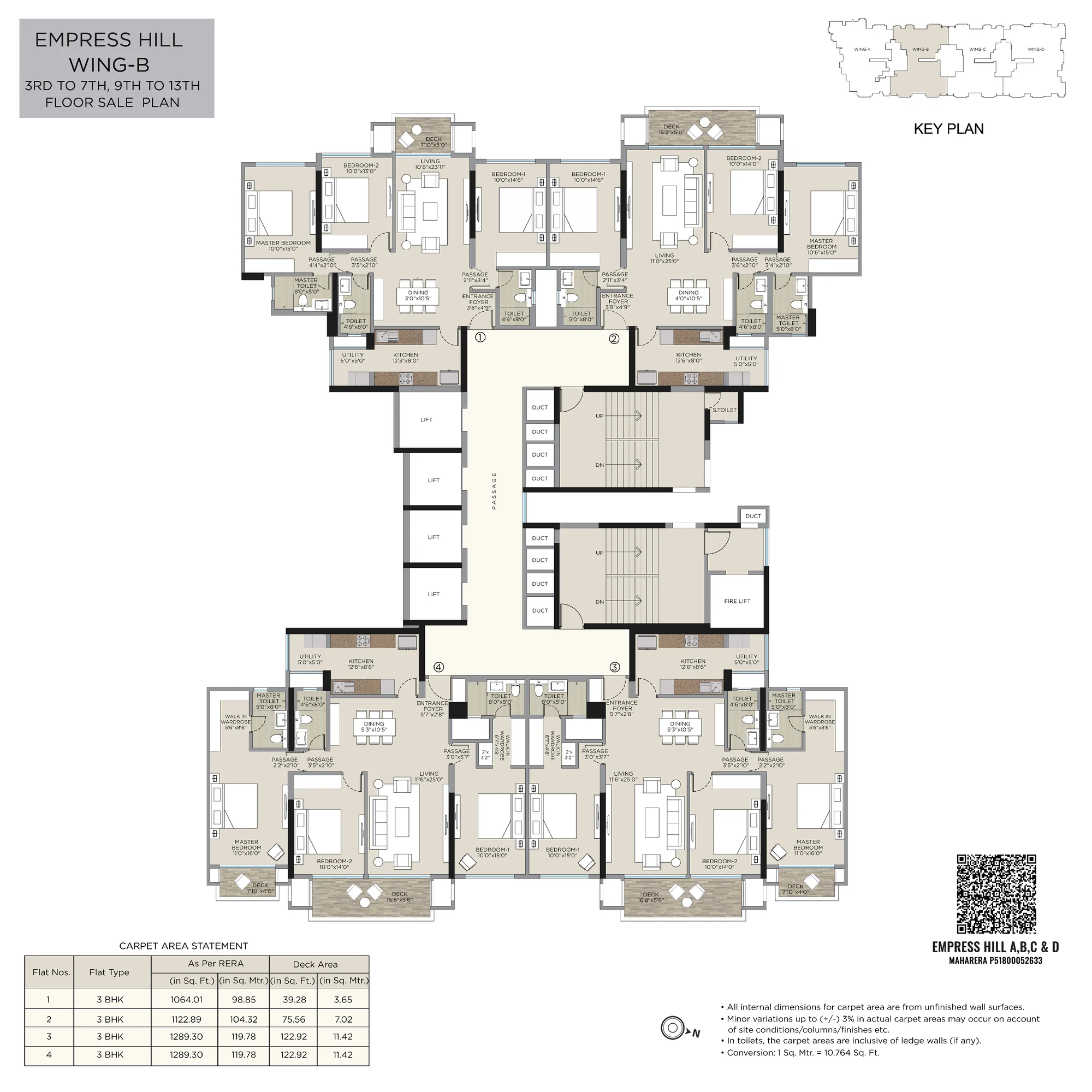 Wing B – 3 BHK (3rd–7th, 9th–13th floors)