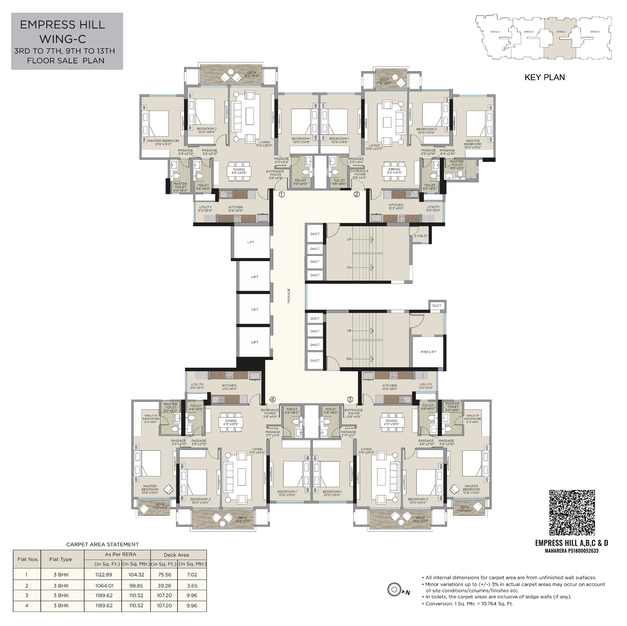 Wing C – 3 BHK (3rd–7th, 9th–13th floors)