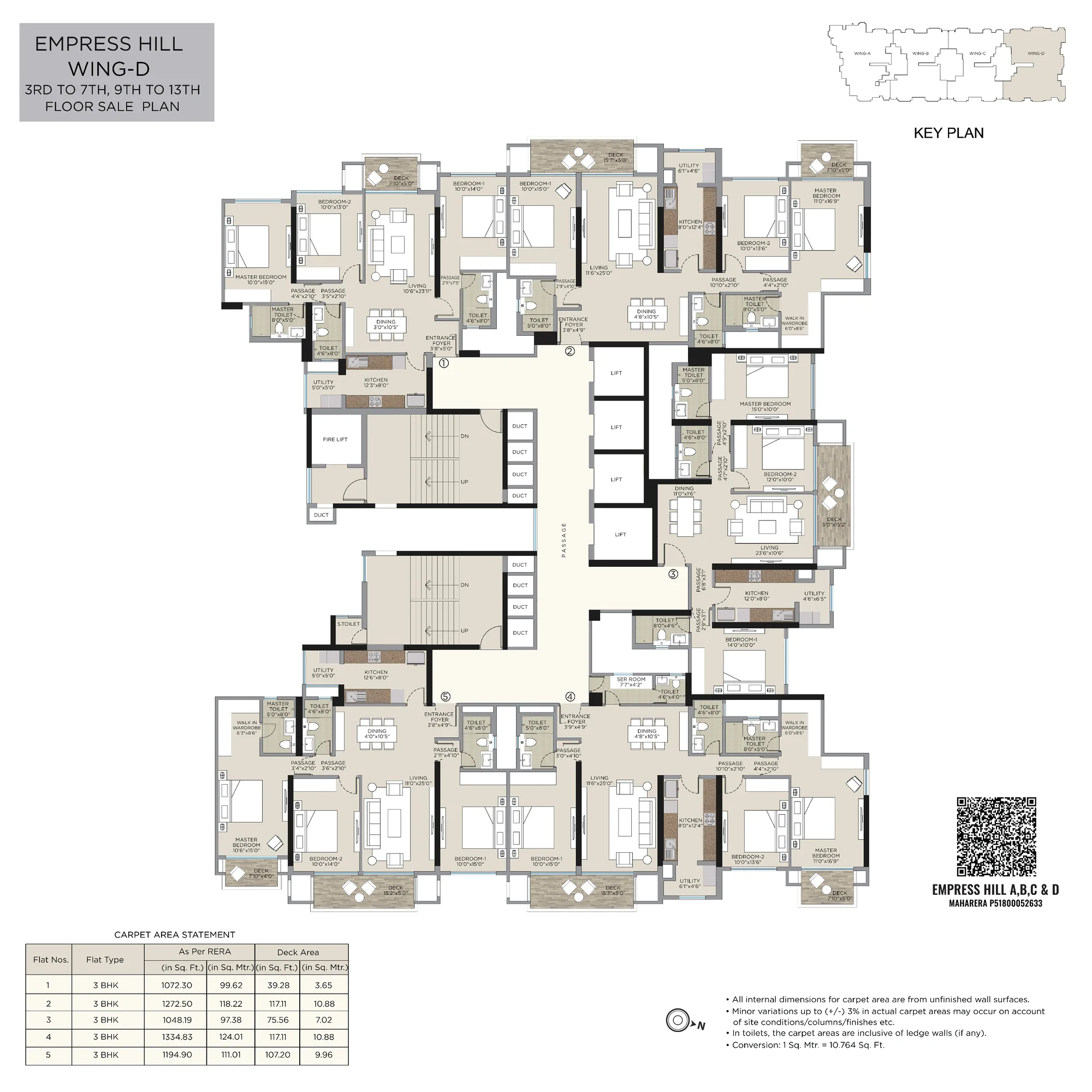 Wing D – 3 BHK (3rd–7th, 9th–13th floors)