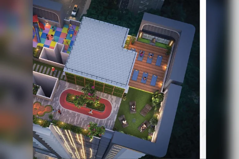 Om Shubhchintak aerial view of the landscaped podium garden deck, Mira Road East