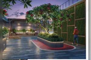 Gazebo and landscaped seating at Om Shubhchintak, Mira Road East