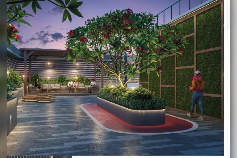 Gazebo and landscaped seating at Om Shubhchintak, Mira Road East
