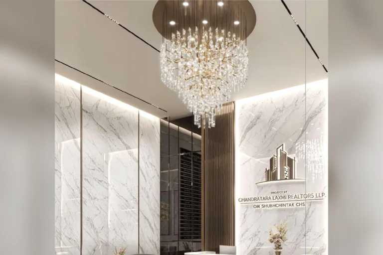 Grand double-height marble lobby at Om Shubhchintak, Mira Road East