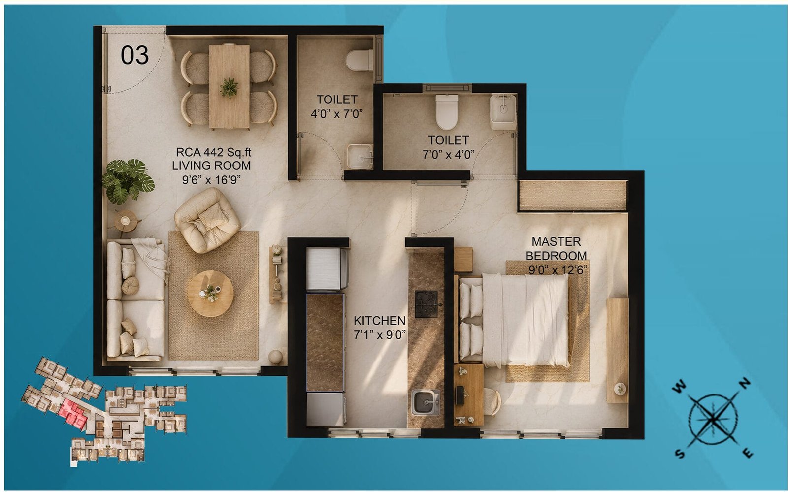 Walchand Park View 1 BHK floor plan, 442 sq ft RERA carpet
