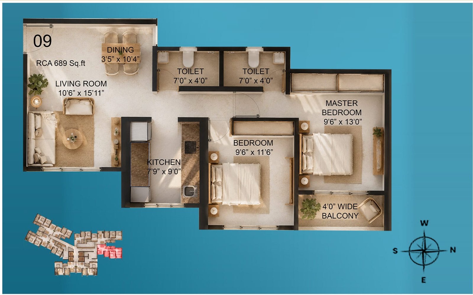 Walchand Park View 2 BHK floor plan with balcony, 689 sq ft RERA carpet