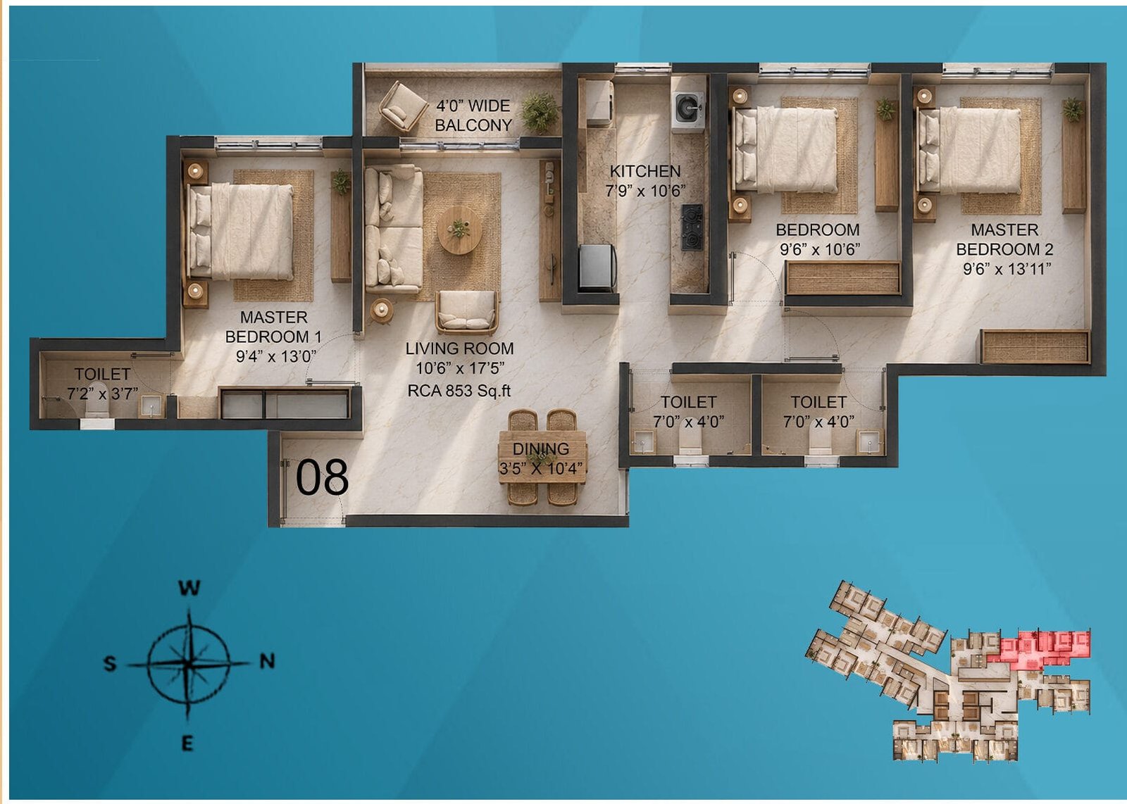 Walchand Park View 3 BHK floor plan with balcony, 853 sq ft RERA carpet