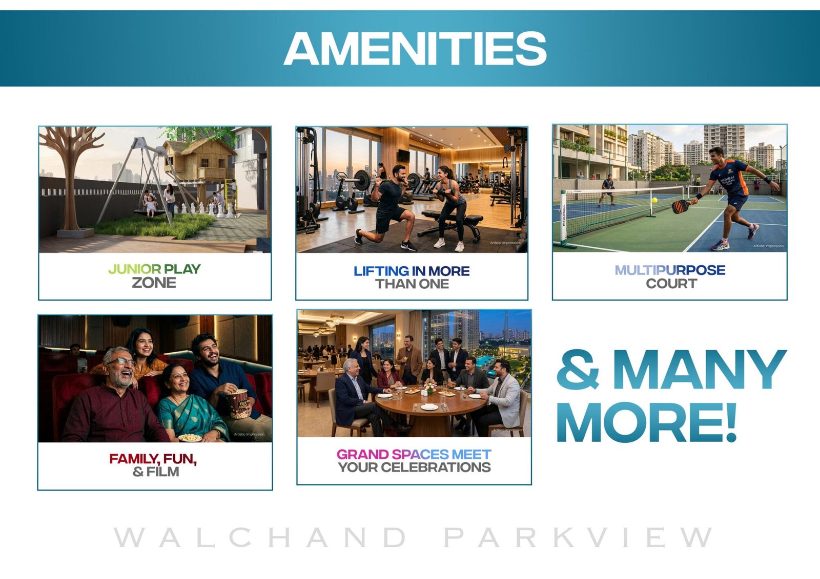 Walchand Park View amenities: gym, multipurpose court, mini theatre, party hall