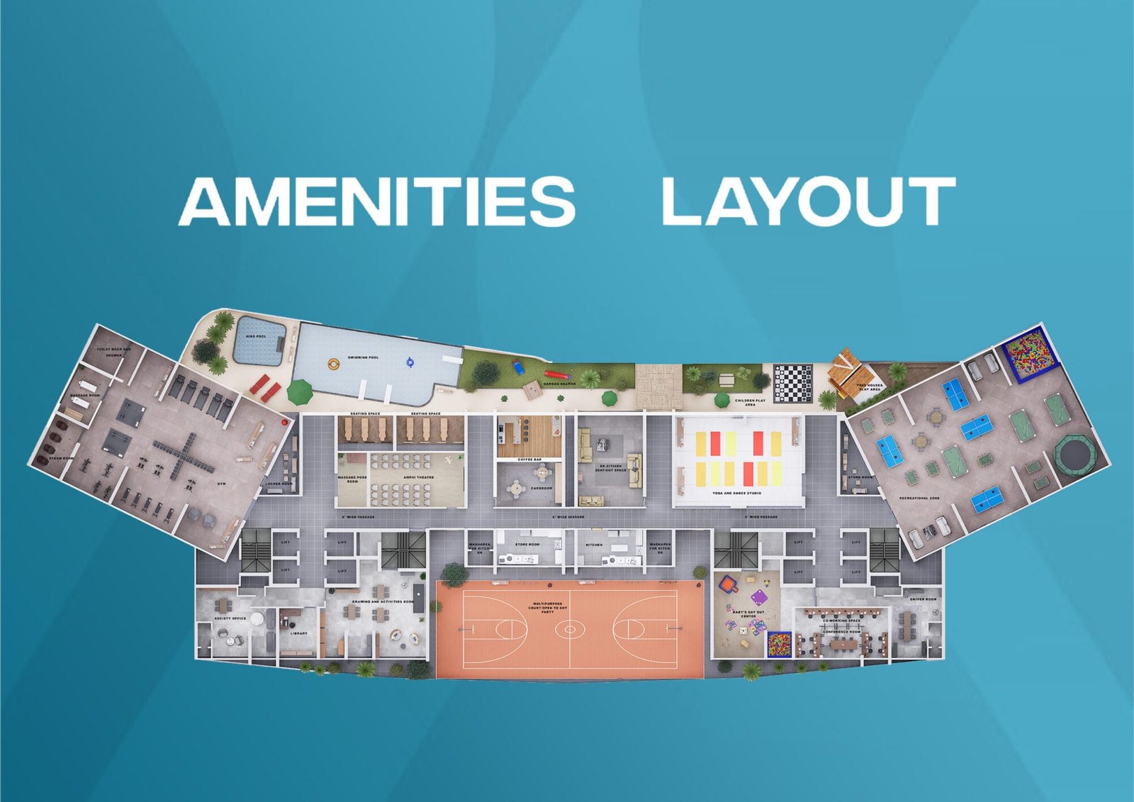 Walchand Park View amenities floor layout: pool, gym, courts, co-working