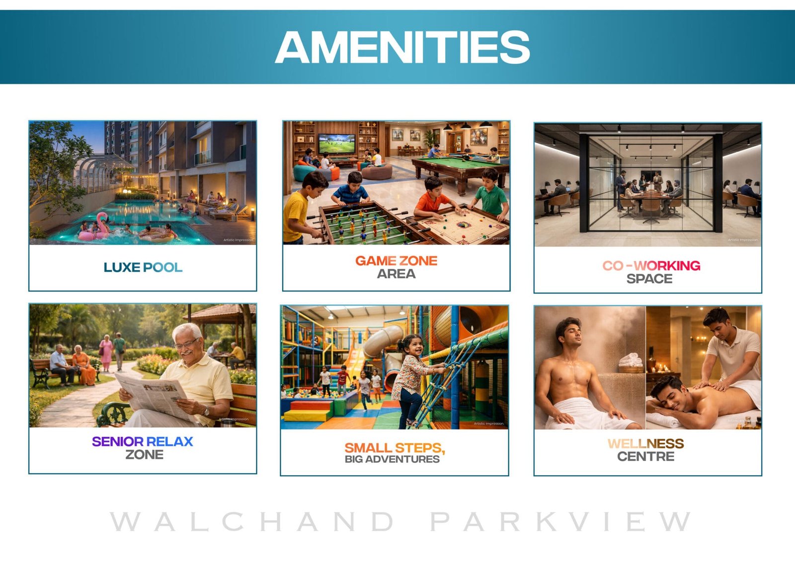 Walchand Park View amenities: pool, game zone, co-working, wellness centre