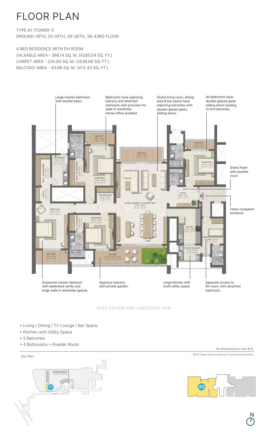 4 BHK + DH Room – Type A1, 2,540 sq ft carpet