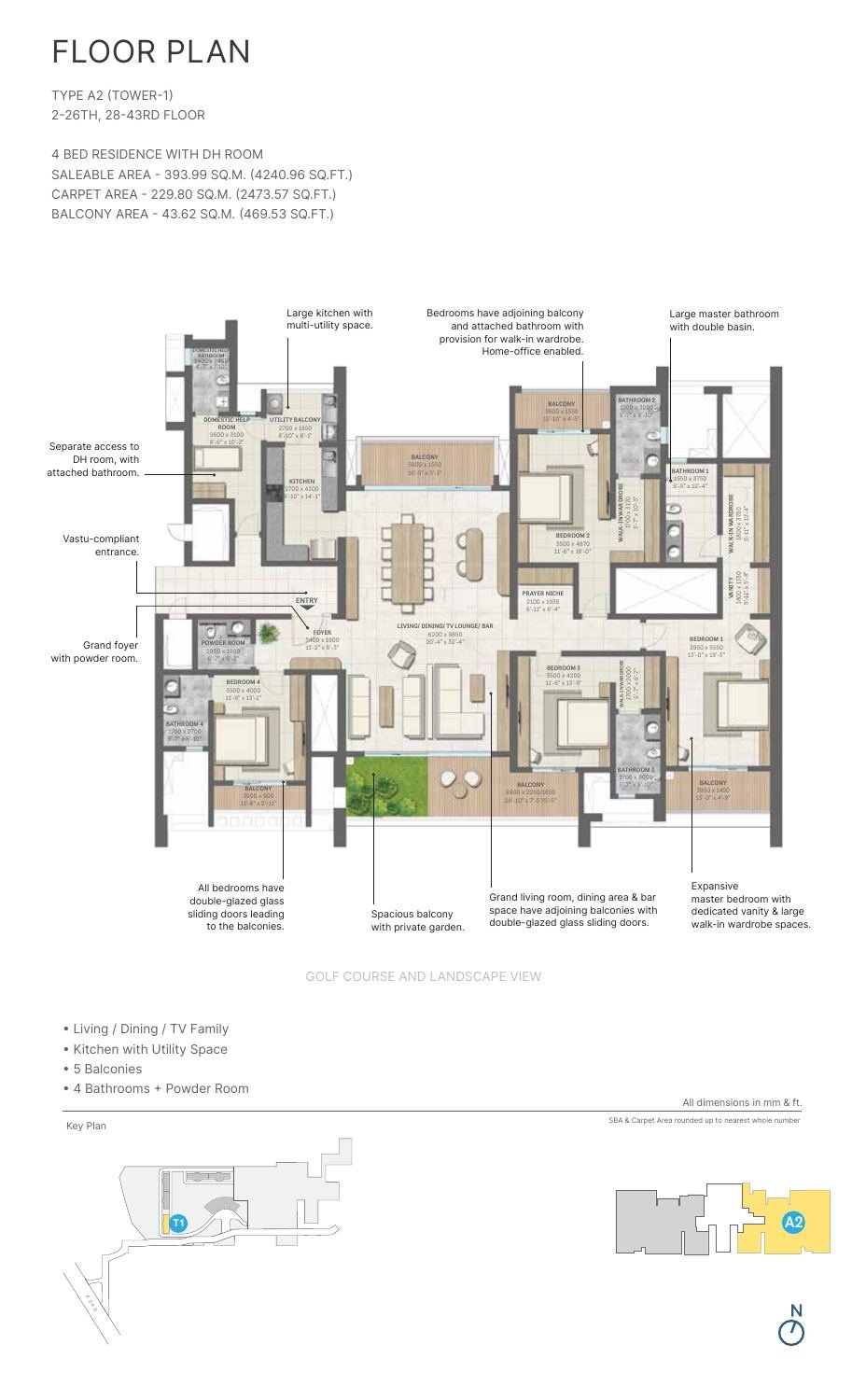 4 BHK + DH Room – Type A2, 2,474 sq ft carpet
