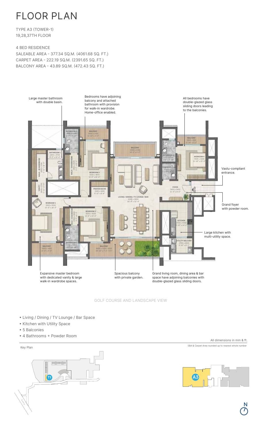 4 BHK – Type A3, 2,392 sq ft carpet