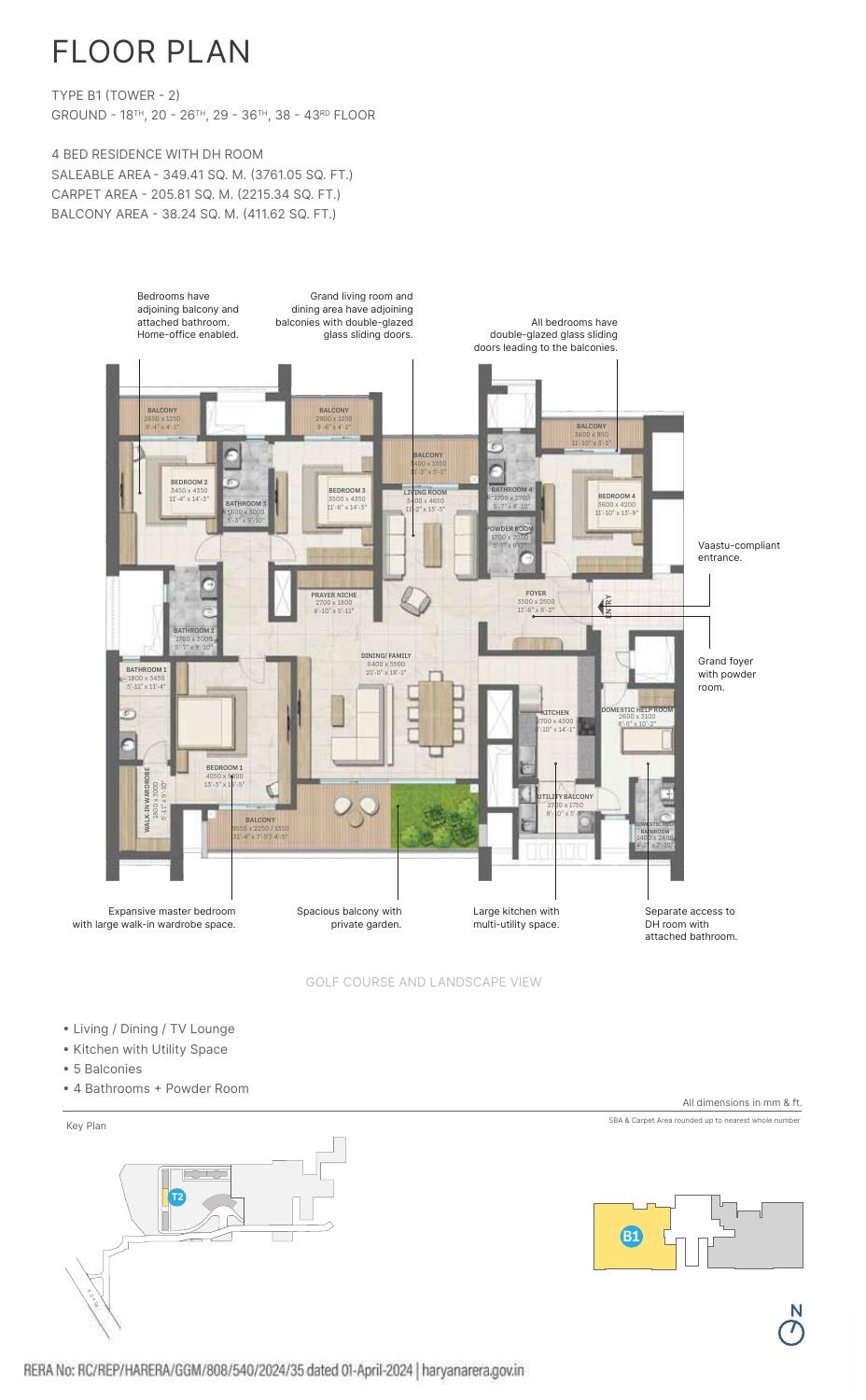 4 BHK + DH Room – Type B1, 2,215 sq ft carpet