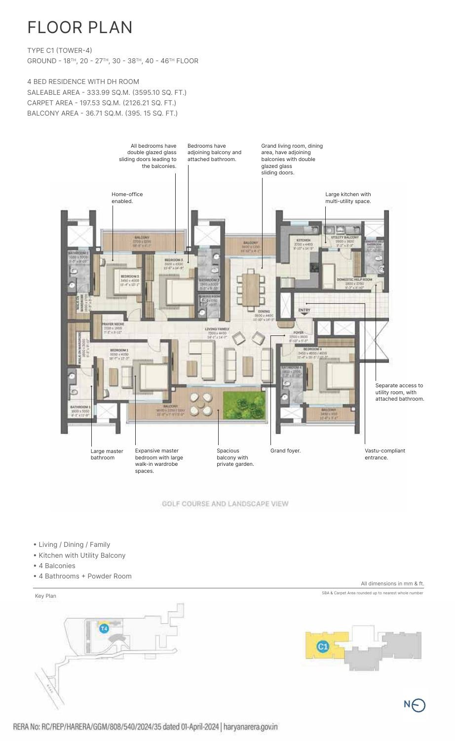 4 BHK + DH Room – Type C1, 2,126 sq ft carpet