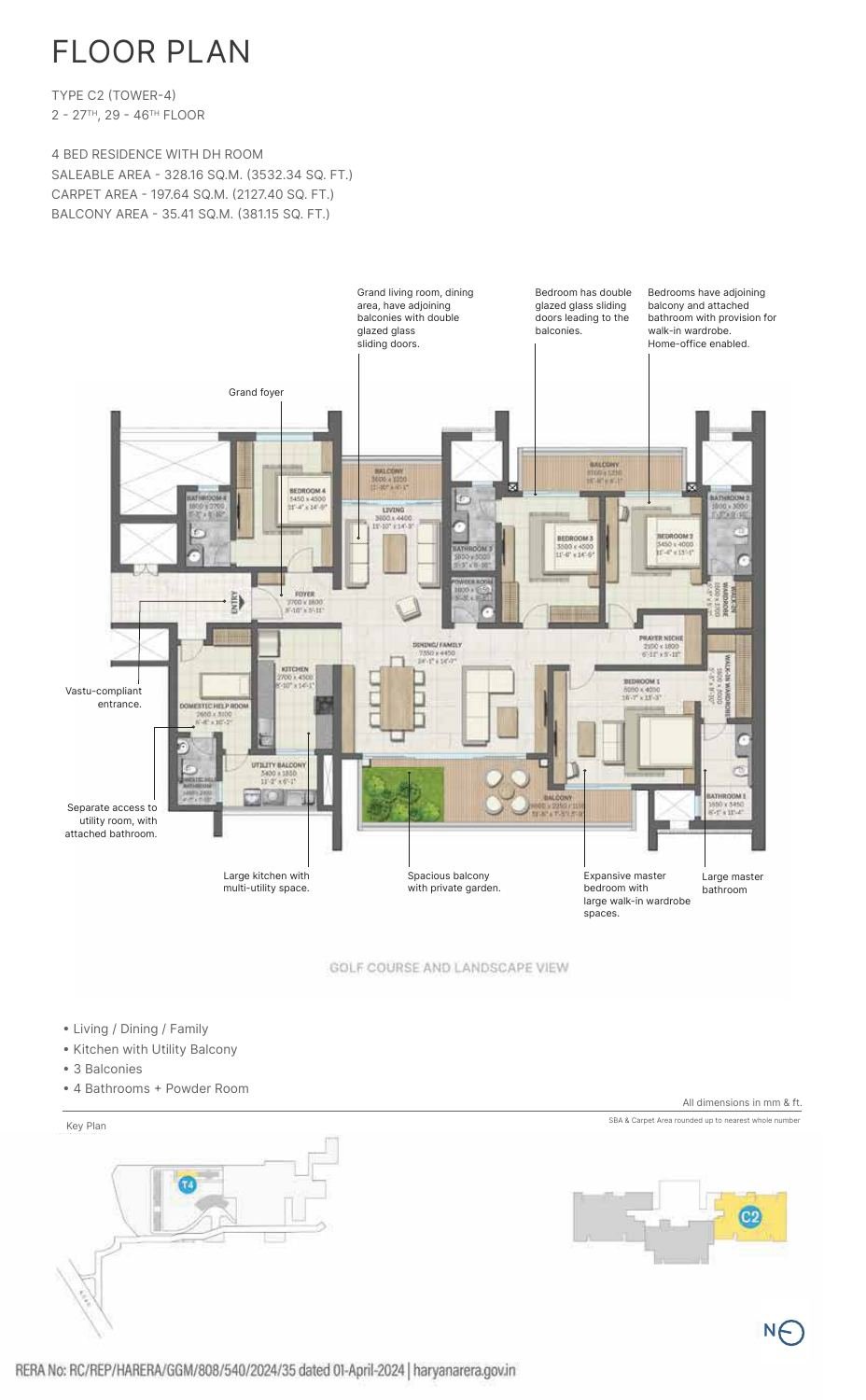 4 BHK + DH Room – Type C2, 2,127 sq ft carpet