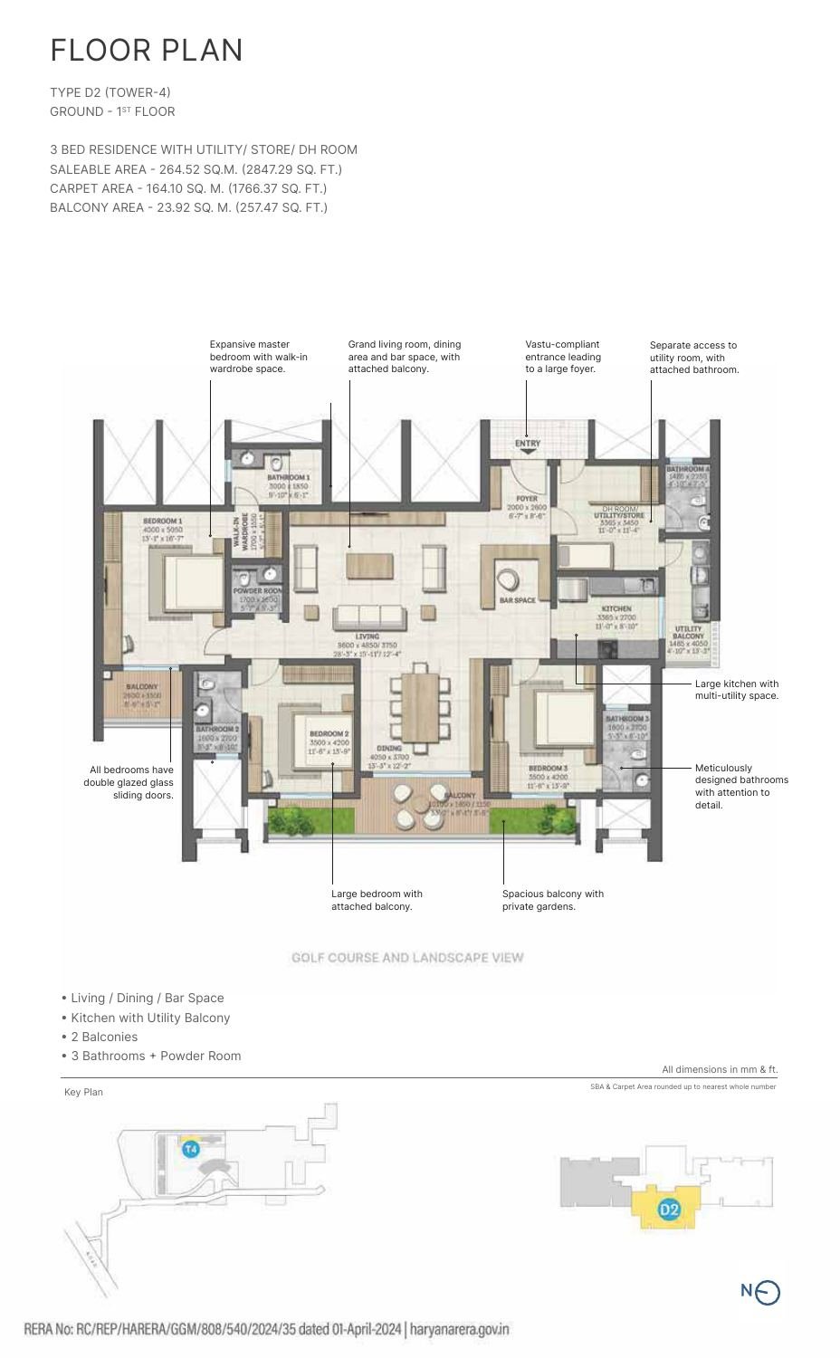 3 BHK + Utility + DH Room – Type D2, 1,766 sq ft carpet