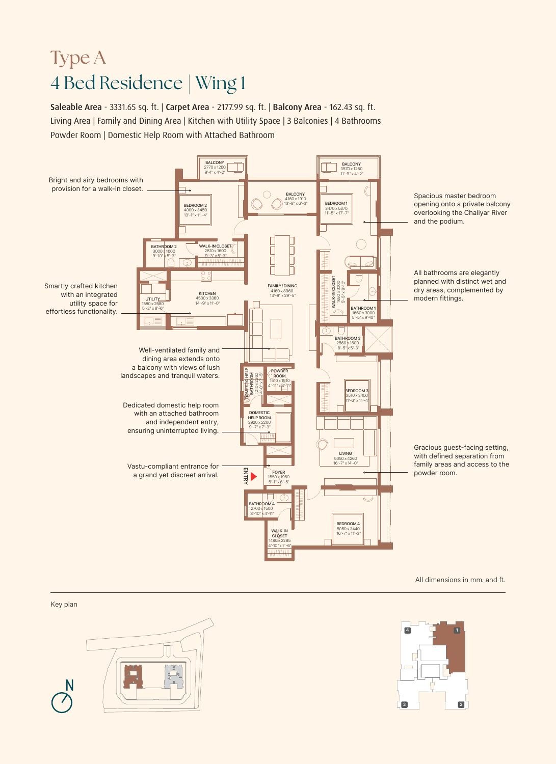 4 BHK + Family + DH Room – Type A, 2,178 sq ft carpet