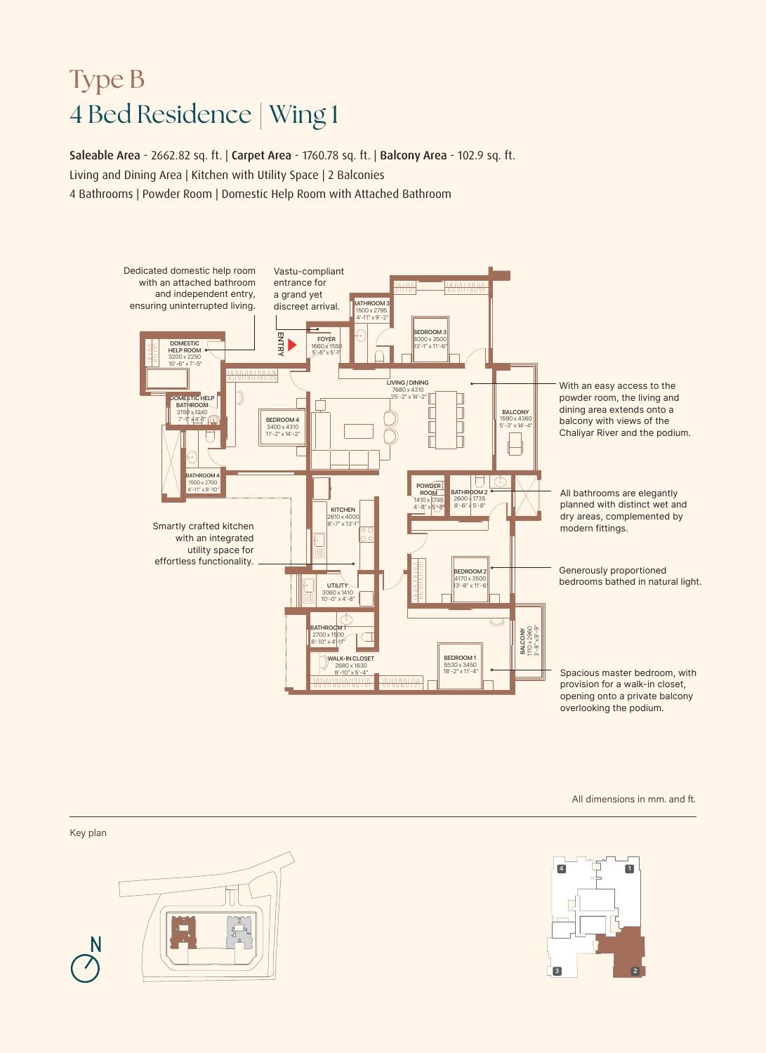 4 BHK + DH Room – Type B, 1,761 sq ft carpet