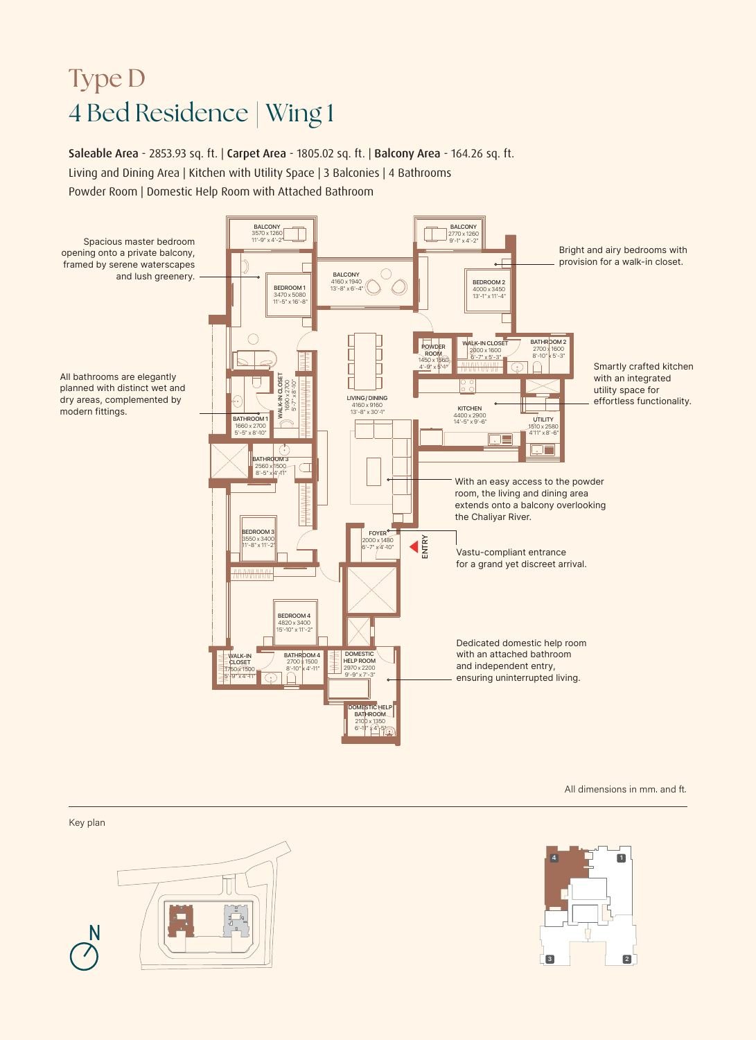 4 BHK + DH Room – Type D, 1,805 sq ft carpet