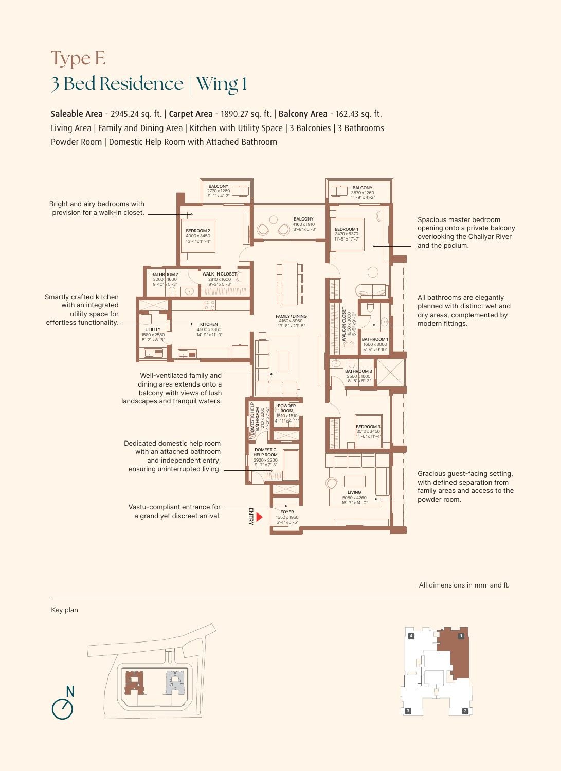 3 BHK + Family + DH Room – Type E, 1,890 sq ft carpet