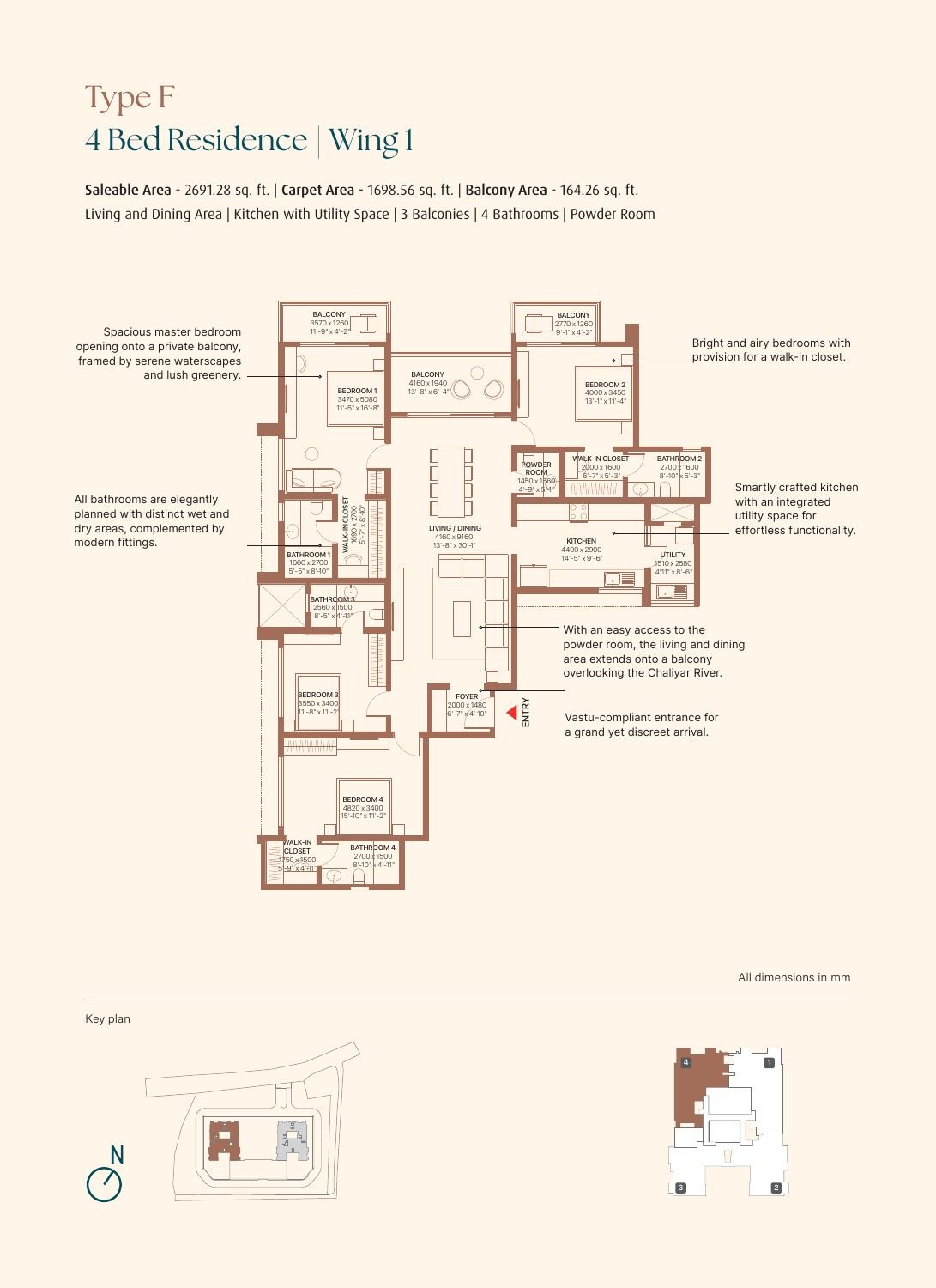 4 BHK – Type F, 1,699 sq ft carpet