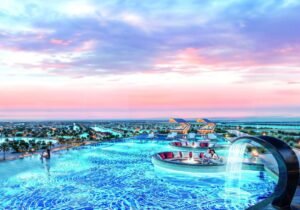 Diamondz by Danube pool deck at sunset