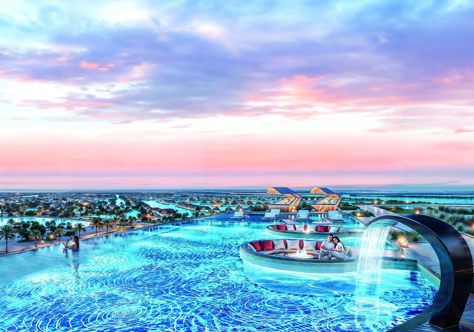 Diamondz by Danube pool deck at sunset