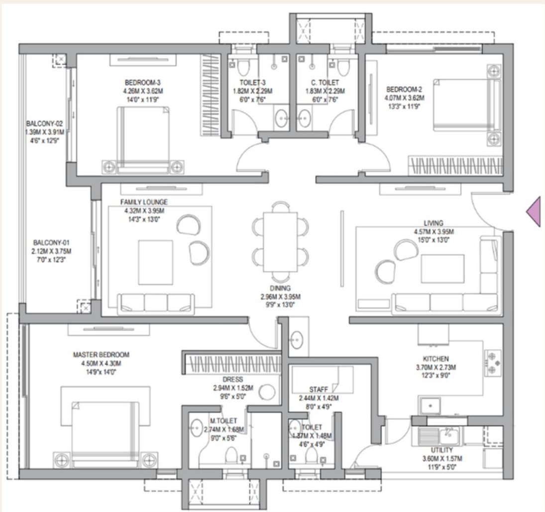 3 BHK + 3T + Staff Room