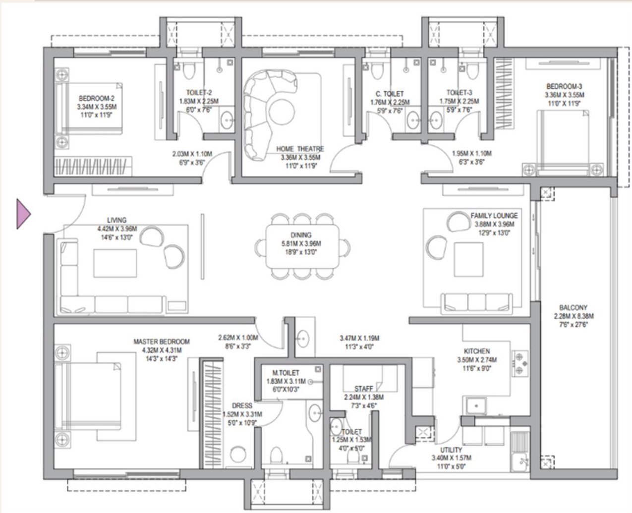 3 BHK + Home Theatre + 4T + Staff Room