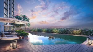 Kalpataru Primera Thane, pool deck at sunset (artist's impression)