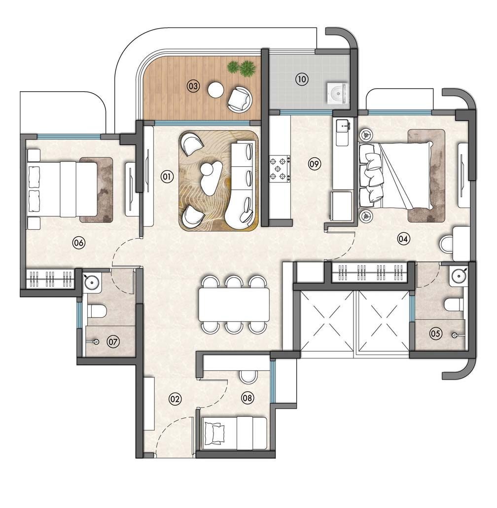 2.5 BHK (2 BHK + Study) - 988 sq ft, Layout B