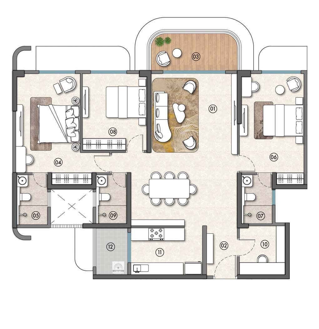 3.5 BHK (3 BHK + Study) - 1394 sq ft, Layout A