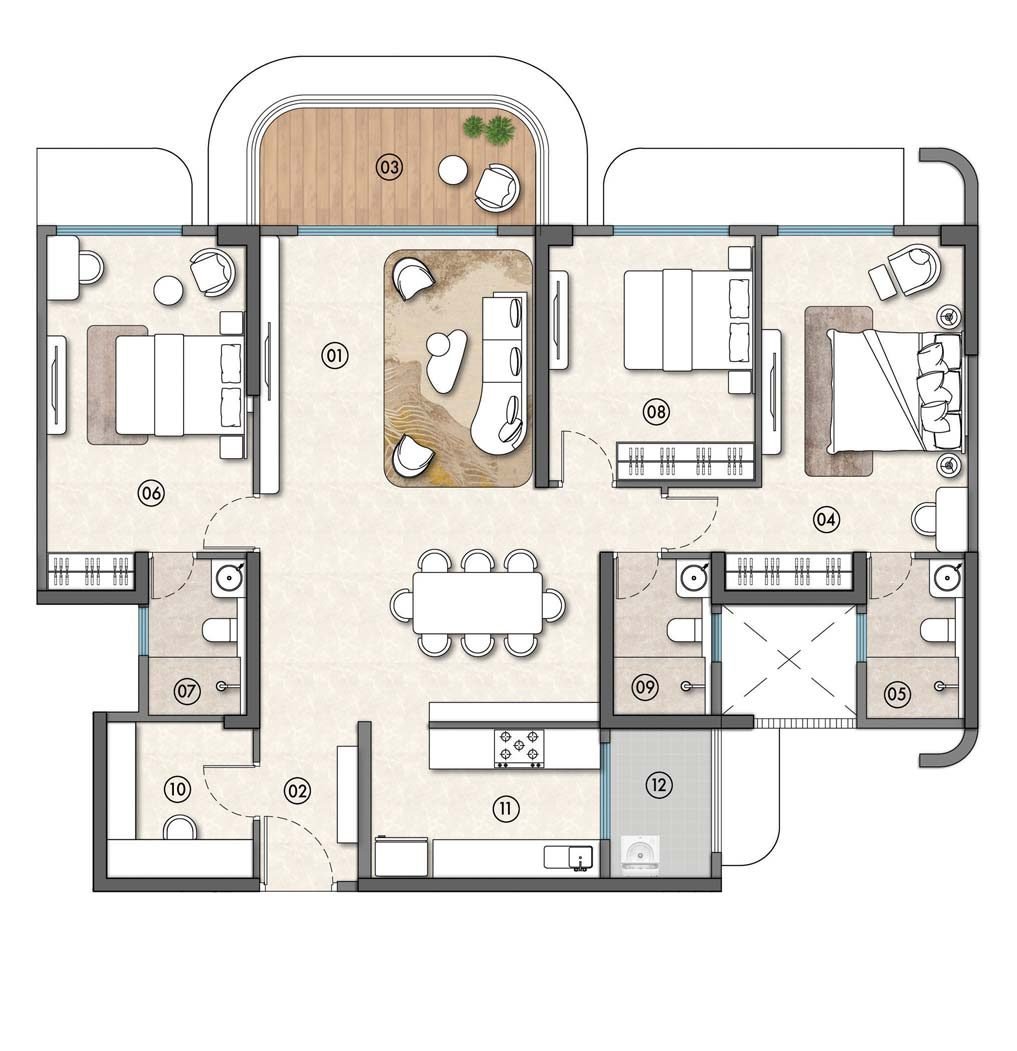 3.5 BHK (3 BHK + Study) - 1394 sq ft, Layout B