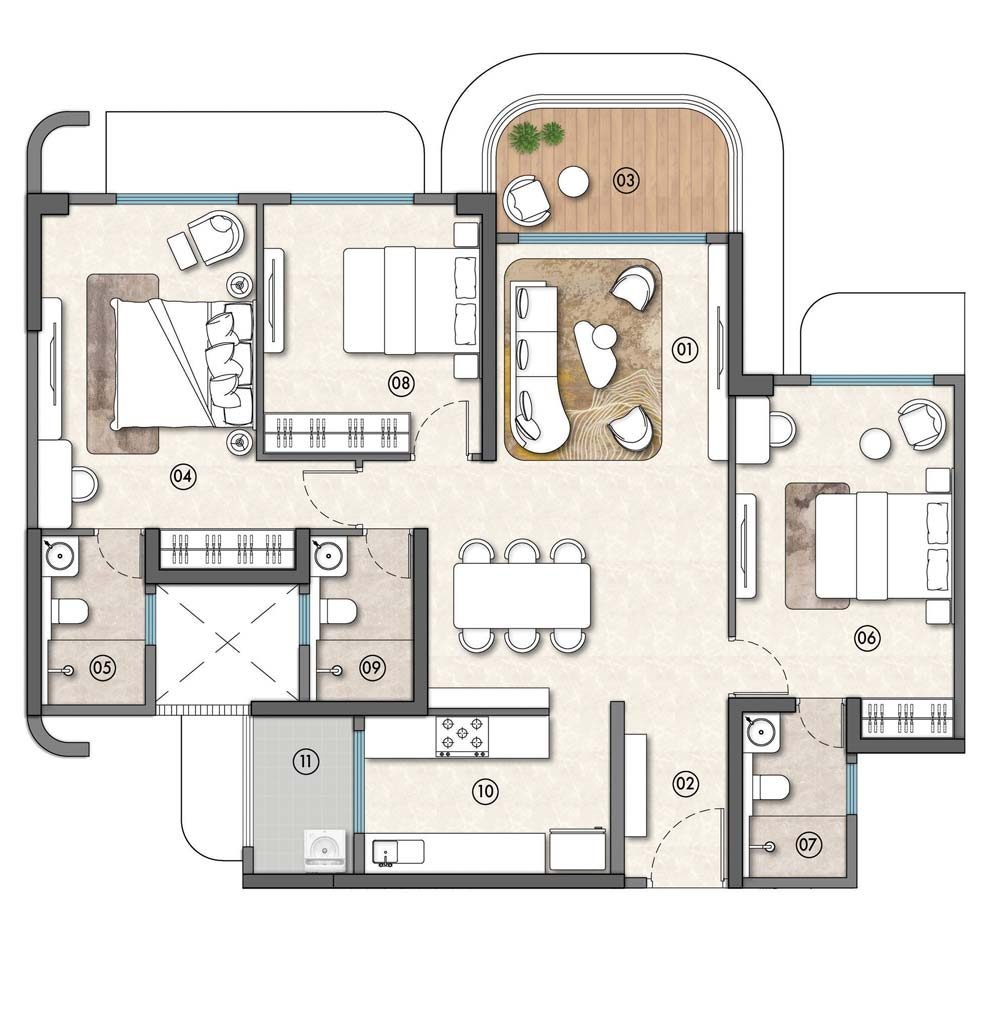 3 BHK - 1194 sq ft, Layout A
