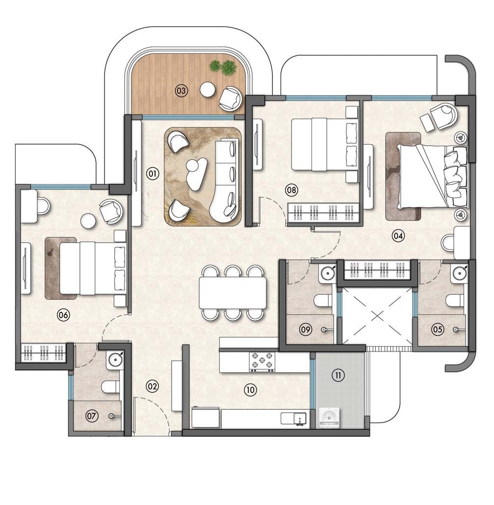 3 BHK - 1194 sq ft, Layout B