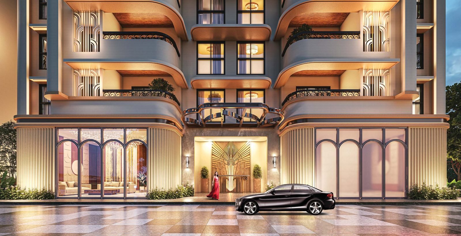 Lodha Sovrano Art Deco entrance and facade