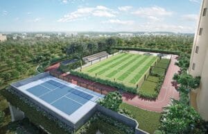 Lodha Sovrano rooftop sports arena with turf and court