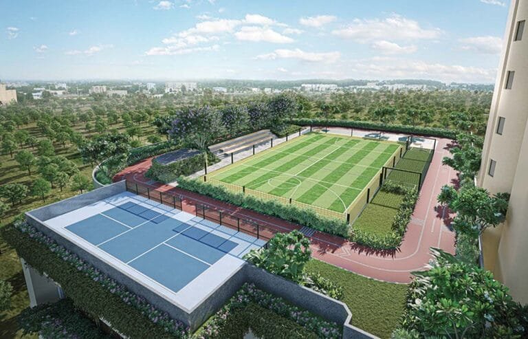 Lodha Sovrano rooftop sports arena with turf and court