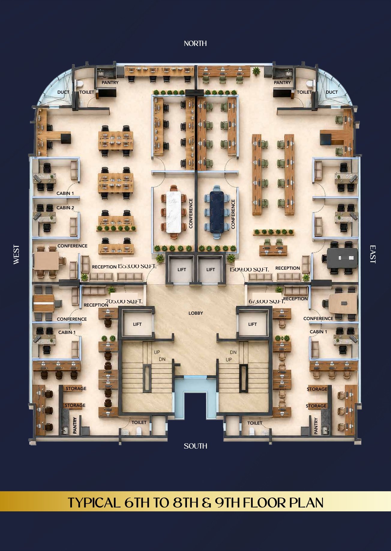 6th, 8th & 9th Floor – Offices of 673 to 1,553 sq ft