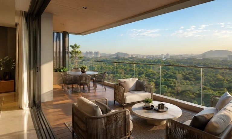 One Hills living room opening onto a deck with green views (artist’s impression)